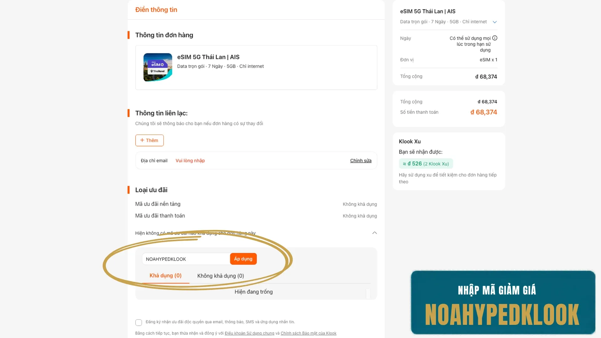 Nhập mã giảm giá Klook